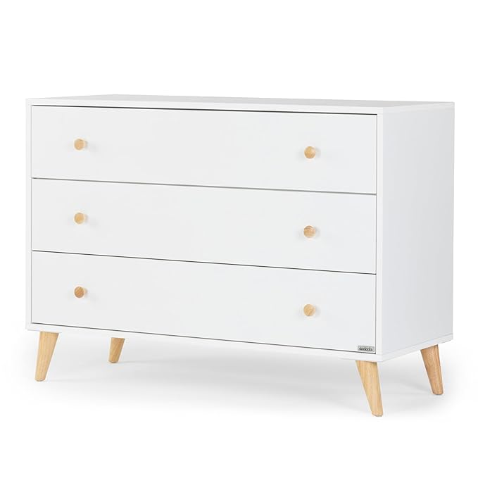 dadada Austin 3-Drawer Dresser for Nursery and Bedroom - Modern Design, Large Storage, Baby-Safe Finish, Soft Close Drawers, Anti-Tip Safety, Solid Wood Feet, Durable Construction (White+Natural)