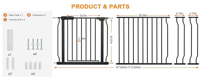 Extra Wide Baby Gate Extra Wide Extra Tall Dog Gates for Stairs Doorways Black Metal Tension Indoor Safety Gates with Pressure Mount 67-71.5 Inch