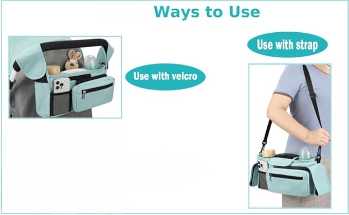 Universal Stroller Organizer with Insulated Cup Holder, Detachable Phone Bag, Shoulder Strap – Fits All Stroller Types, Keeps Drinks Hot/Cold (Blue)