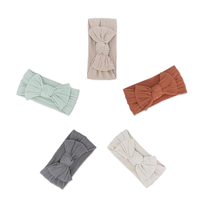Parker Baby Cable Knit Nylon Headbands 5 Pack | Soft, Stretchy & Comfortable Bows for Girls | Adjustable, Soft to Touch & Knotted Headbands for Baby Girls | Baby Headwraps for Girls | Multiple Colors