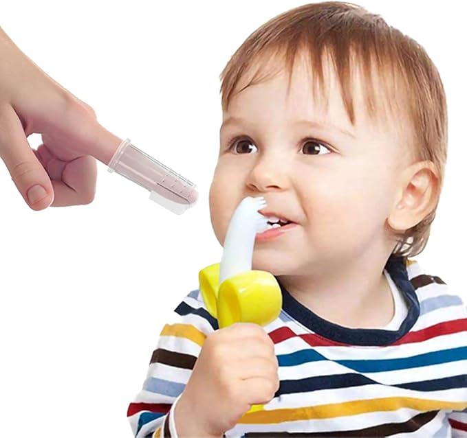 Finger Baby Toothbrush and Banana Teether, Soothing Pain Relief Silicone Baby Teething Toy for Babies, Toddlers, Infants, BPA Free, Soothes Babies Sore Gums(1 Teether 2 Finger Toothbrushes)