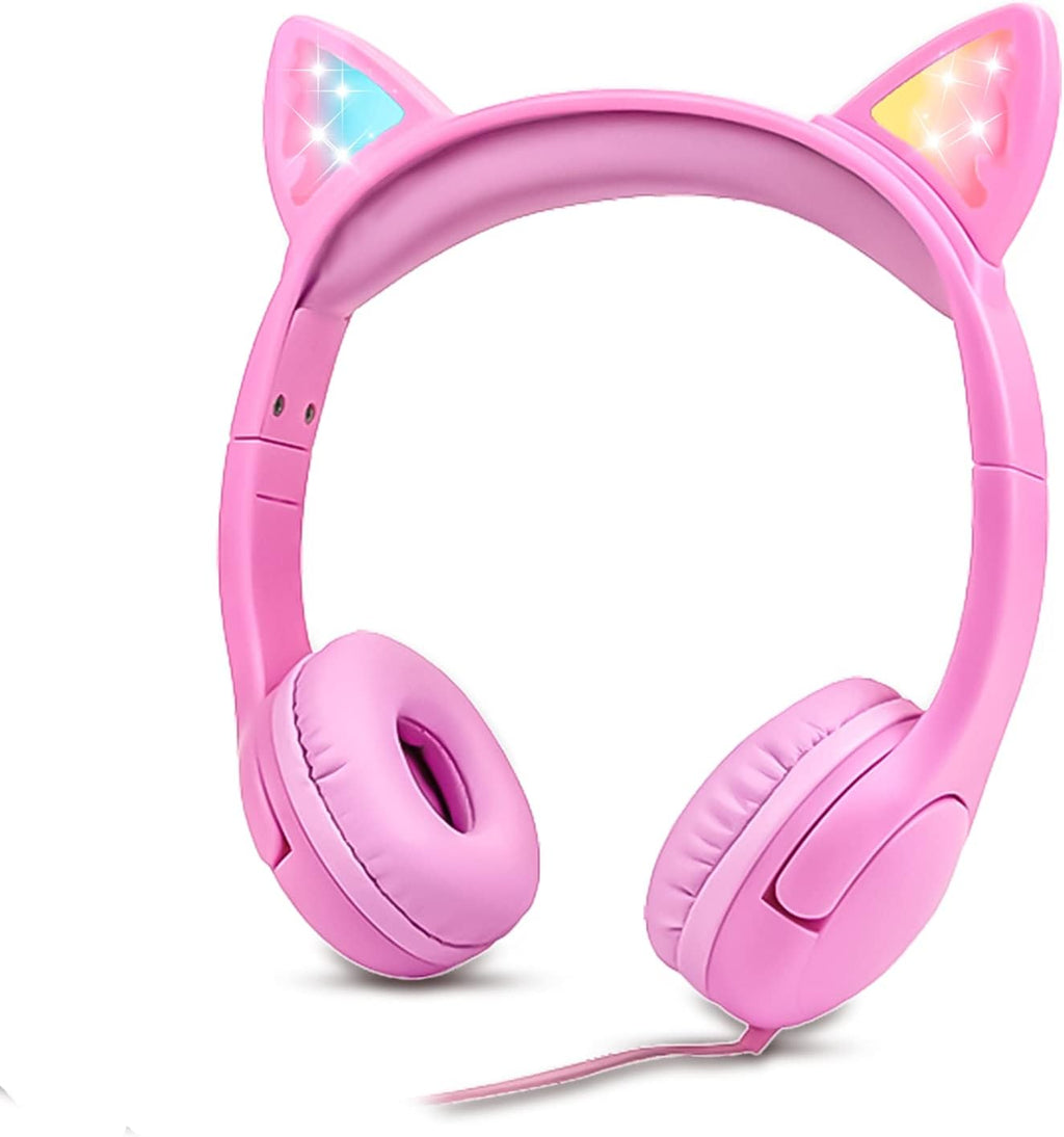 Olyre Girls Headphones with LED Light Up Cat Ears and Sharing Port 85db Volume Limited Kids Headphones,On-Ear LED Children Earphones for School Learning Travel - All Pink