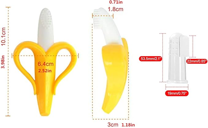 Finger Baby Toothbrush and Banana Teether, Soothing Pain Relief Silicone Baby Teething Toy for Babies, Toddlers, Infants, BPA Free, Soothes Babies Sore Gums(1 Teether 2 Finger Toothbrushes)