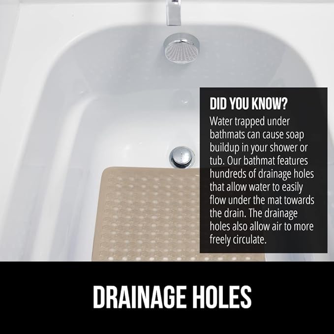 GORILLA GRIP Patented Bath Tub Shower Mat, Machine Washable Bathtub Floor Liner Mats, Suction Cups and Drain Holes to Keep Tubs Clean, Soft on Feet, Bathroom Essentials, 35x16 Inch, Beige