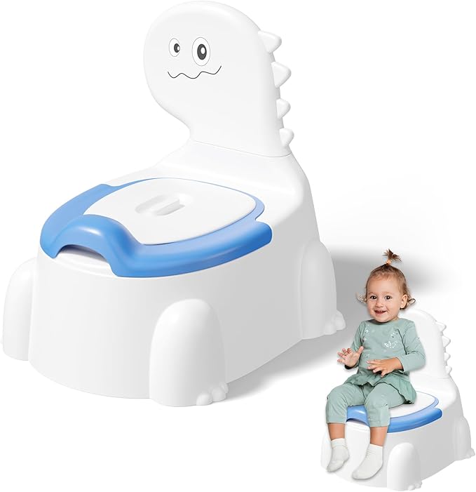 Potty Training Toddler Toilet Seat, Toilet Potties Training for Children Infant Baby Dinosaur Potty Chair with Splash Guard, Lid, Comfortable Backrest Portable Travel Potty (Blue/White)