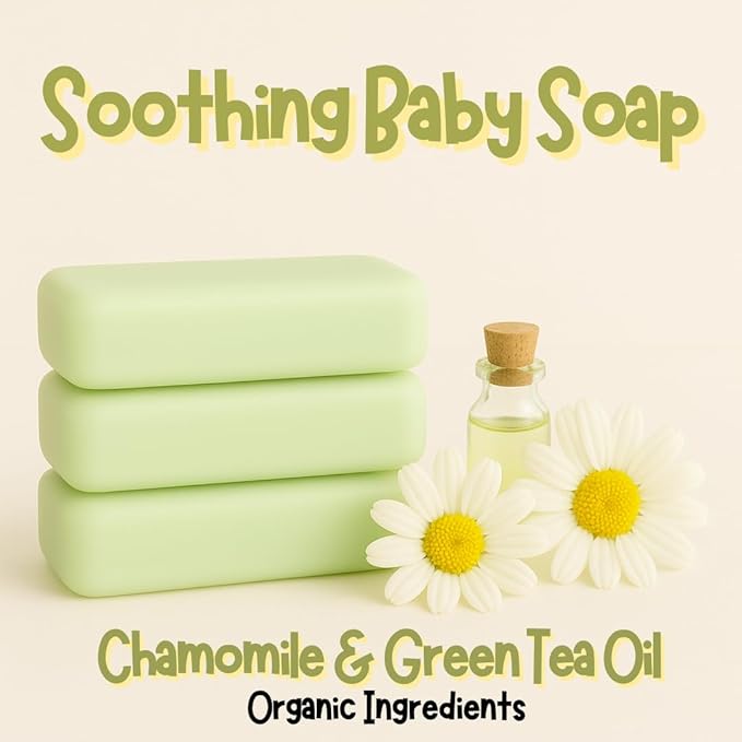 Hypoallergenic Organic Baby Soap Bar - Chamomile & Green Tea Oil - Gentle Cleansing Body Wash for Sensitive Skin | Babies, Toddlers, and Kids | 3-Pack