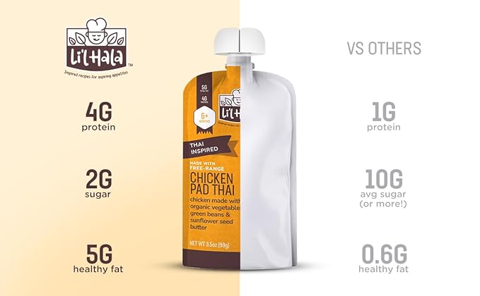 Li’l Hala Chicken Pad Thai Baby Food Pouches – Free-Range Chicken & Organic Veggies – Toddler Meals with Meat – Protein & Healthy Fats Puree – No Hormones – 6+ Months – 3.5 oz (12 Pack)