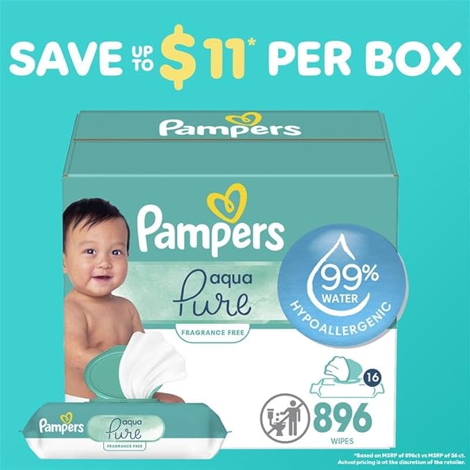 Pampers Baby Wipes Aqua Pure, 99% Water Based Wipes, Hypoallergenic and Unscented Infant Wipe, 896 Total (16 Flip-Top Packs)