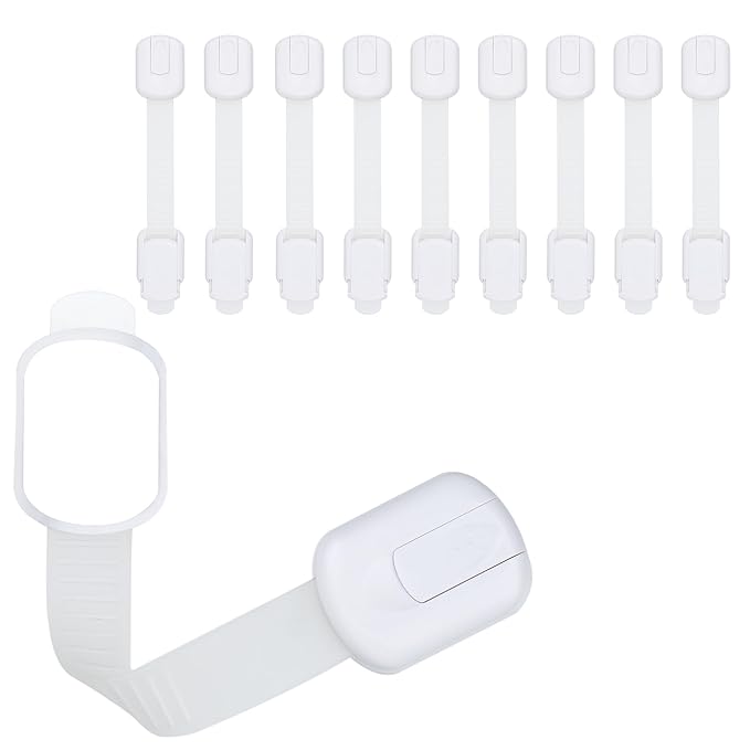 Child Safety Cabinet Locks (10 Pack) – Adjustable Baby Proofing Strap Latches with Strong 3M Adhesive – No Drill Childproof Locks for Drawers, Cabinets, Fridge, Door, Closet, White