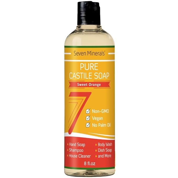 Seven Minerals Pure Castile Soap, Sweet Orange 8oz - No Palm Oil, GMO-Free - Gentle Liquid Soap For Sensitive Skin & Baby Wash - All Natural Vegan Formula with Organic Carrier Oils