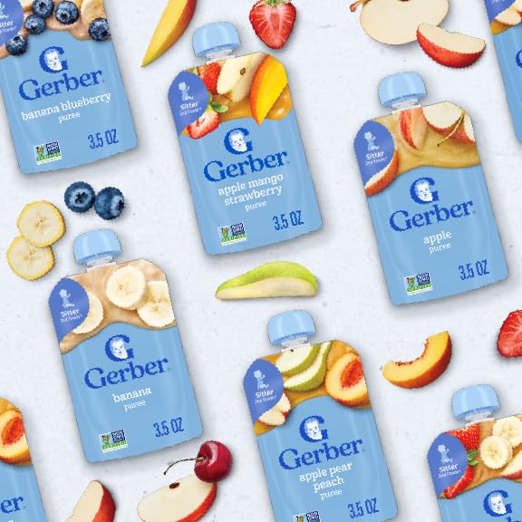 Gerber Stage 2 Baby Food, Apple Mango Strawberry Puree Pouch, 2 Servings of Fruit, No Added Sweetener, No Artificial Colors or Flavors, 12-Pack