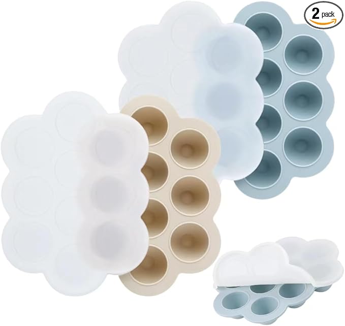 PandaEar 2 Pack Baby Food Freezer Tray with Lids, Silicone Baby Food Storage Container for Homemade Baby Food, Fruit, Purees and Breastmilk (Blue/Tan)