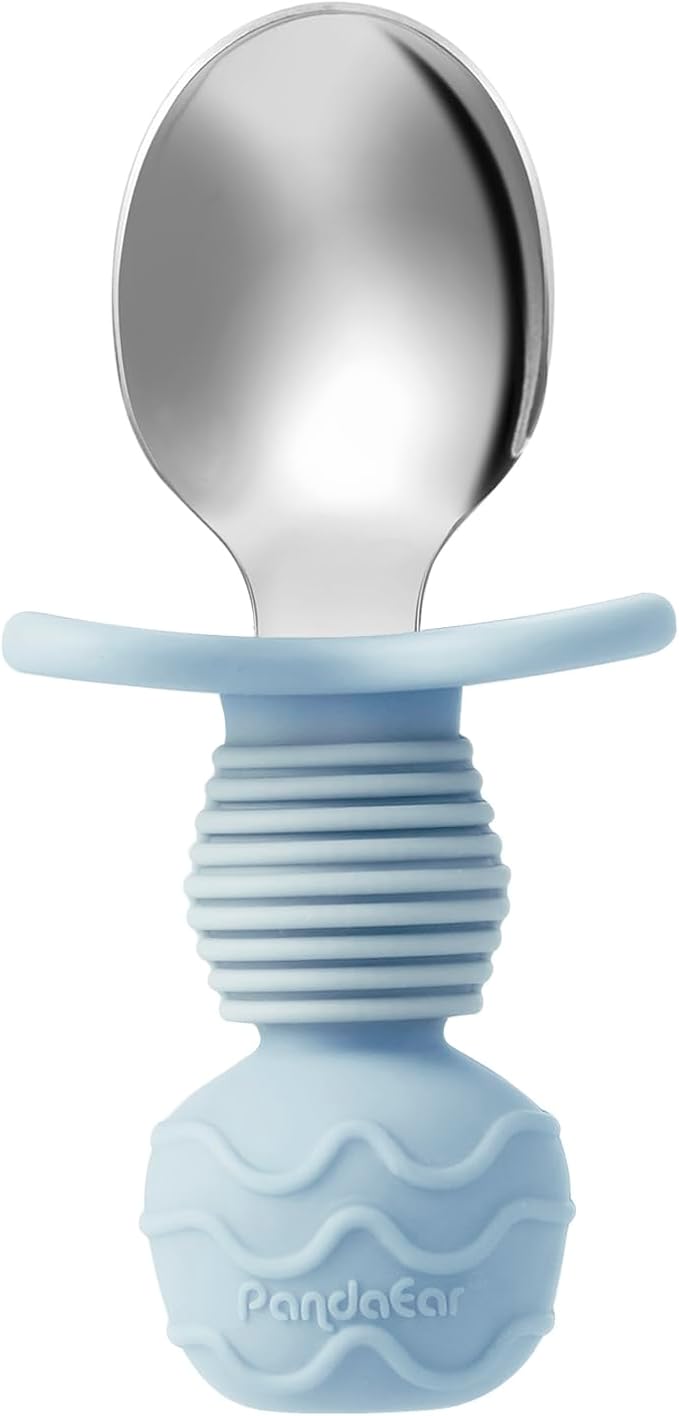 PandaEar 6 Pack Stainless Steel Toddler Spoons and Fork Feeding Set - Anti-Choke First Self Feeding Utensils for Kids Baby Boys Led Weaning Ages 18 Months+ (Blue/Grey/Peach)