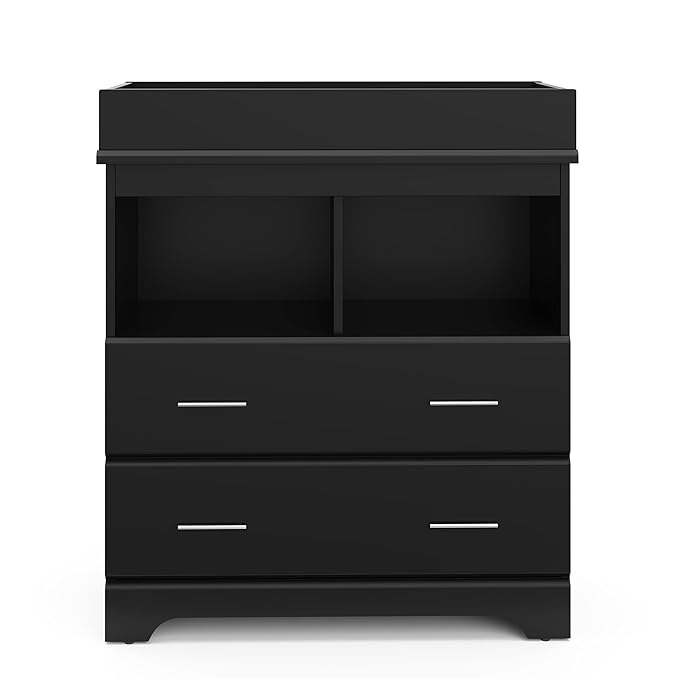 Storkcraft Brookside 2 Drawer Changing Table Dresser (Black) – GREENGUARD Gold Certified, Easy-to-Match Chest of Drawers and Cubbies for Nursery and Kids Bedroom, Includes Changing Table Topper