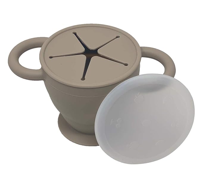 BraveJusticeKidsCo | Snack Attack II Snack Cup | Collapsible Silicone Snack Container | Toddler and Baby Snack Catcher Lid (Fog)