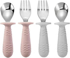 PandaEar 4 Set Baby Toddler Silicone Stainless Steel Utensils Silverware Spoon Fork for Baby Toddler BPA Free with Silicone Holding Anti-Choke Design (Pink&Grey)