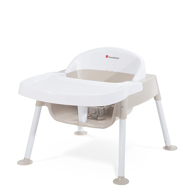 Foundations Secure Sitter 7" Feeding Chair, Stable “No Tip” Feet, 3-Point Adjustable Harness, Removable Tray, Easy to Clean, Smooth Plastic (White/Tan)