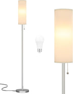 Ambimall Floor Lamp for Living Room with 3 Color Temperatures Bulb, 64" Standing lamp with Linen lampshade for Bedroom, Minimalist Pole Lamp, White Shade & Silver Pole