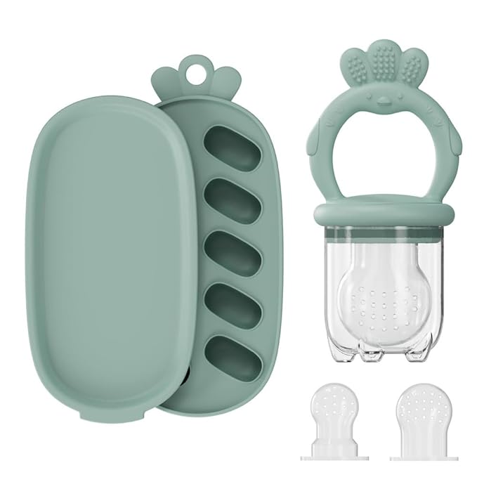 Baby Food Fruit Feeder, Breastmilk Baby Popsicle Molds, Silicone Teether Freezer Tray Food Feeder Pacifier for Teething Relief (Green)
