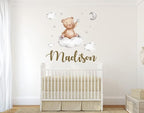 Custom Name Teddy Bear Nursery Wall Decal - Moon, Starts Clouds Watercolor Baby Room Decor for Boys & Girls - Teddy Bear Wall Stickers - Personalized Name Wall Sticker for Nursery playroom