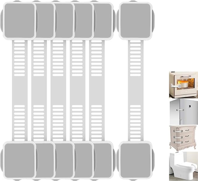 6 Pack Baby Proofing Safety Locks Child Safe for Cabinet Drawer Fridge Oven Dishwasher Doors, Toilet Seat & Lid, Adjustable Furniture Latches and Straps, 3M Adhesive No Drilling Button,Unlock Design