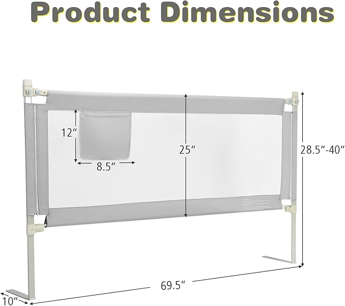 HONEY JOY Bed Rail for Toddlers, 69-in Extra Long, Portable Safety Bed Guardrail w/Side Pocket, Baby Bed Rail Guard, Fit King & Queen Full Twin Size Bed Mattress (69 INCH, Gray)