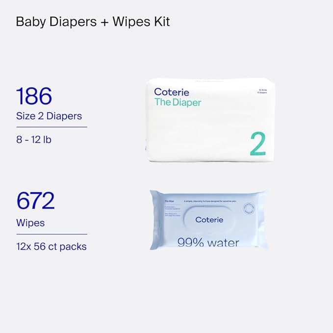 Coterie Baby Wipes + Diapers Kit, Size 2 Diapers (186 Count) & 12 Pack (672 Count) Baby Wipes with 99% Water, Plant Based Materials, Hypoallergenic for Sensitive Skin