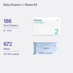 Coterie Baby Wipes + Diapers Kit, Size 2 Diapers (186 Count) & 12 Pack (672 Count) Baby Wipes with 99% Water, Plant Based Materials, Hypoallergenic for Sensitive Skin