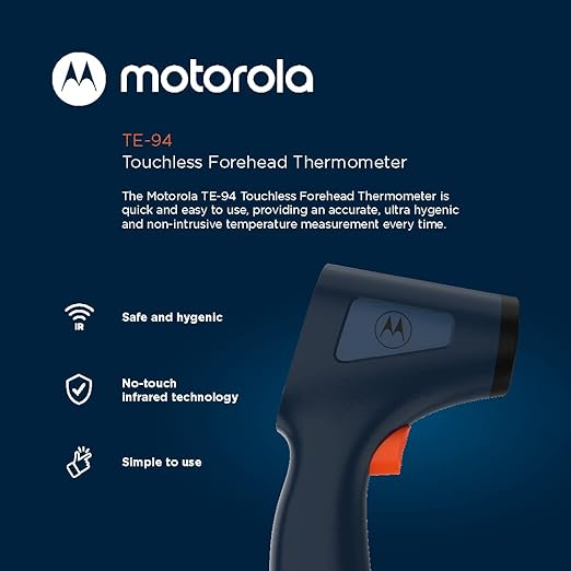 Motorola Nursery Touchless Infrared Thermometer with Backlit Display, TE-94 with Memory Function, High Temperature Alert, Dark Blue