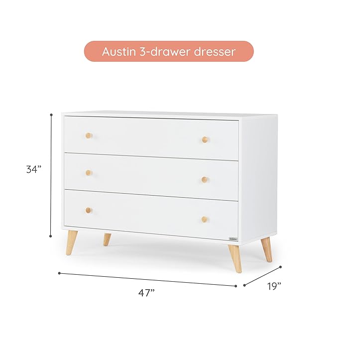 dadada Austin 3-Drawer Dresser for Nursery and Bedroom - Modern Design, Large Storage, Baby-Safe Finish, Soft Close Drawers, Anti-Tip Safety, Solid Wood Feet, Durable Construction (White+Natural)