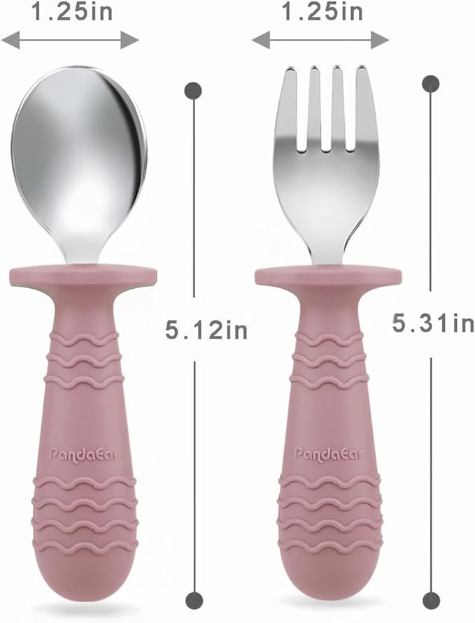 PandaEar 2 Pack Stainless Steel Baby Suction Plates & 2 Pack Spoons and Forks Set, Toddler Utensils Baby Feeding Set, Divided Plates for Baby Led Weaning Supplies, BPA-Free (Pink)