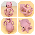 3Pcs Baby Silicone Teether Toy Set - Food-Grade Silicone Teething Relief Toys,Wooden Ring Teether Cute Bear Toy and Toy Straps for Babies 3-12 Months (Bright Beige)