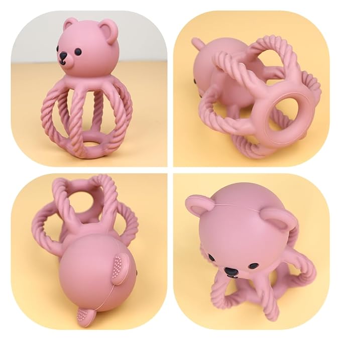 3Pcs Baby Silicone Teether Toy Set - Food-Grade Silicone Teething Relief Toys,Wooden Ring Teether Cute Bear Toy and Toy Straps for Babies 3-12 Months (Bright Beige)