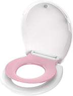 Toddler Toilet Seat with Potty Training Seat Round 16.5inch, 2 in 1 Toilet Seat for Family Built-in Baby Seat Removable, Soft Close + Easy Clean, PP Safe Material, Pink