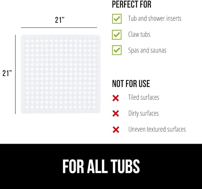 GORILLA GRIP Patented Square Shower Stall Mat, Small Bathtub Floor Mats for Stand Up Showers, Suction Cups and Drainage Holes, Machine Wash, Soft on Feet, Bathroom Accessories 21x21 Inch, 2 Pack White