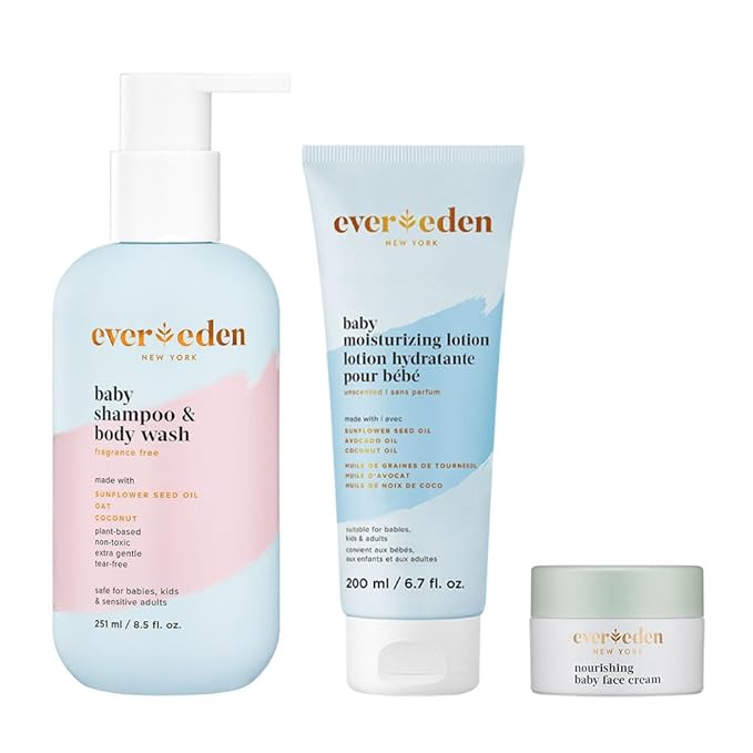 Evereden Baby Bathtime Trio | Baby Shampoo, Body Wash & Baby Face Cream & Fragrance Free Moisturizing Lotion | Rich, Non-Greasy Moisturizing Cream | Clean and Unscented Care