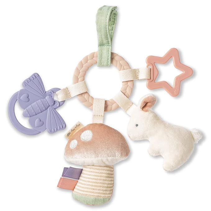 Itzy Ritzy Teething Activity Toy - Bitzy Busy Ring Features Braided Teething Ring and Dangling Toys; Includes Teether, Textured Ribbons, Crinkle Sound & Jingle Bell, Bunny RNG8497