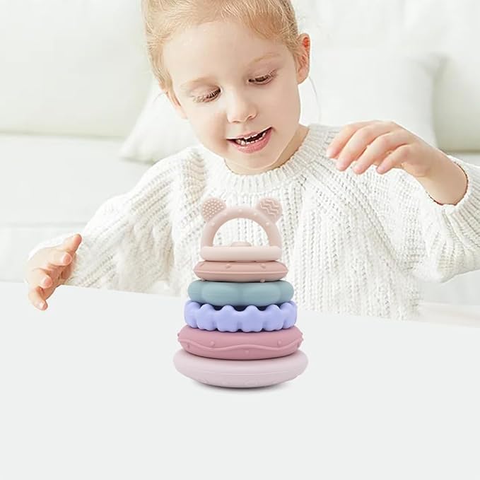 Baby Bear Teething & Stacking Toy Set - Teething Toys Silicone Teethers, Soft Baby Stacker Rings Teether, Learning Toy Gift for Boys and Girls 6+ Months (Pink)