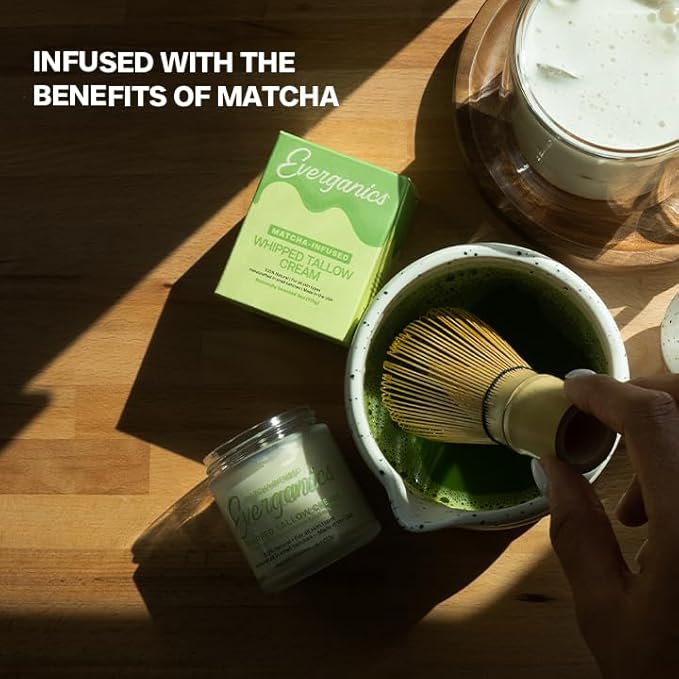 | Organic Matcha-Infused Whipped Tallow Cream for Skin | Grass-Fed Beef Tallow Natural Moisturizer for Face & Body | Made in USA | 4 oz (Large Size)