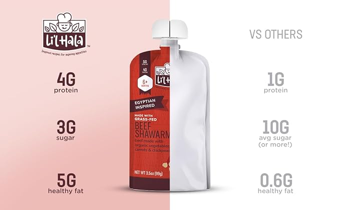 Li’l Hala Baby Food Pouches – 24 Total (2 Flavors) – Grass-Fed Beef Shawarma & Roast Beef with Organic Veggies – Protein & Healthy Fats – Toddler Meat Puree Meals for 6+ Months – No Hormones – 3.5 oz