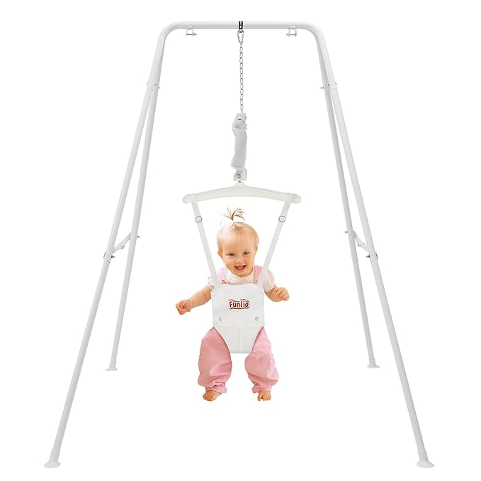 FUNLIO Baby Jumper with Stand for 6-24 Months, Toddler Jumper for Baby Girl/Boy, Infant Jumper for Indoor/Outdoor Play, with Adjustable Chain, Easy to Assemble & Store (with Stand) - White