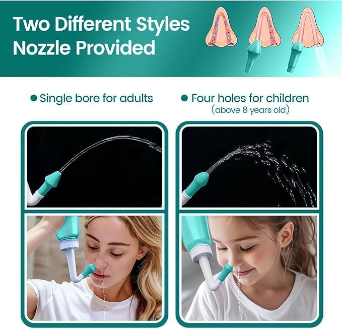 Neti Pot Sinus Rinse Bottle 260 ML with 60 Nasal Wash Salt Packets and Sticker Thermometer Nose Wash Cleaner Pressure Rinse Nasal Irrigation for Adult & Kid BPA Free (Green)