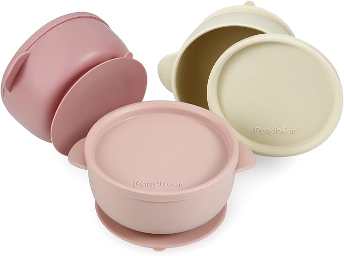 PandaEar 3 Pack Baby Bowls with Suction| Leak-Proof Stay Put Silicone Food Bowl with Lids for Babies Kids Toddlers Infants| Food Grade Soft Safe BPA-Free Silicone (Pink Rose Linen)