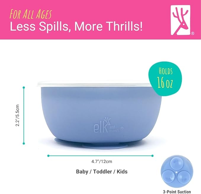 Elk and Friends Stainless Steel Bowls with Silicone Sleeve for Babies & Toddlers | Lids Included | Stay Put Suction | Cereal & Snack Bowls | 4 Pack