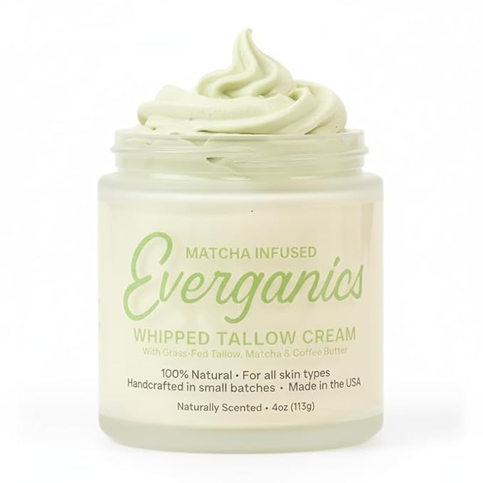 | Organic Matcha-Infused Whipped Tallow Cream for Skin | Grass-Fed Beef Tallow Natural Moisturizer for Face & Body | Made in USA | 4 oz (Large Size)