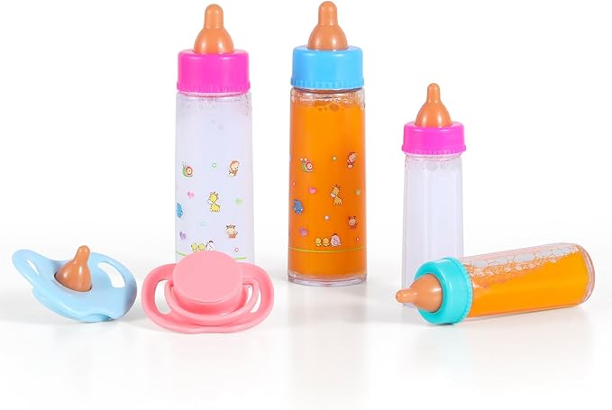 SCOM Baby Doll Bottle Accessories - 6 Pcs Feeding Bottle Toys, Magic Disappearing Milk & Juice, Pretend Play Set with Pacifiers Kids Gift Blue