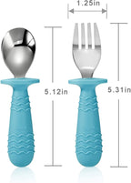 PandaEar 4 Set Baby Toddler Silicone Stainless Steel Utensils Silverware Spoon Fork for Baby Toddler BPA Free with Silicone Holding Anti-Choke Design (Blue&Grey)