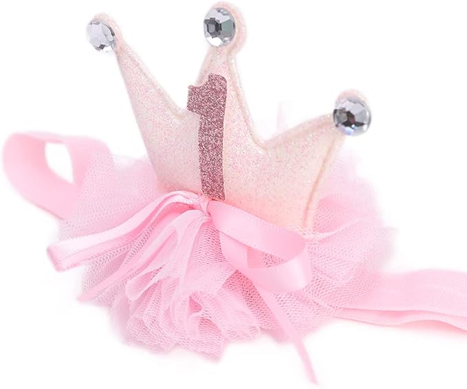 1st Birthday Crown Headband for Baby Girls - Gold/Pink Glitter Mini Crown