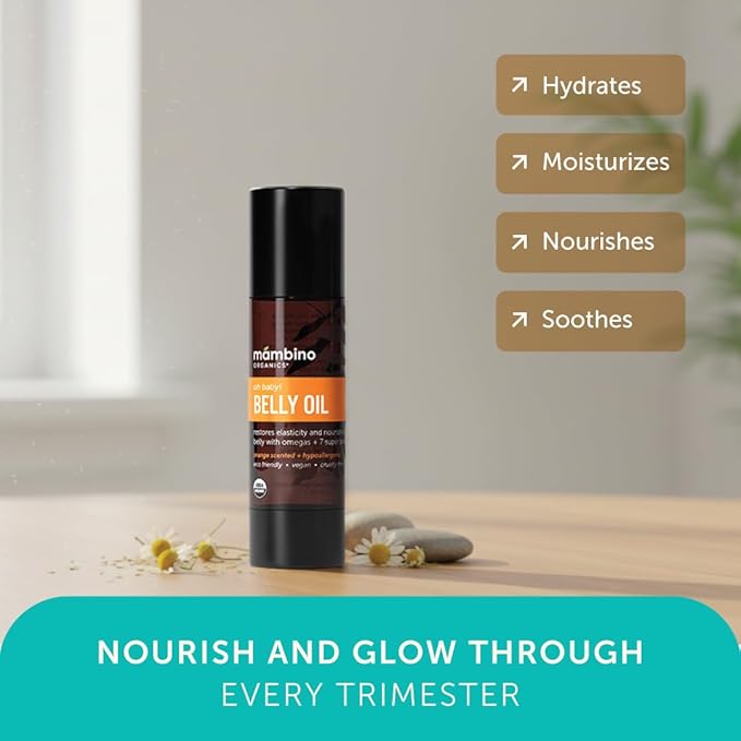 Mambino Organics Oh Baby! Belly Oil for Pregnant Women, Organic Stretch Mark Oil for Pregnancy, Postpartum Skin Elasticity, Hydration, With Tamanu, Shea Butter, Calendula, Vegan, Non-GMO, 2 fl oz