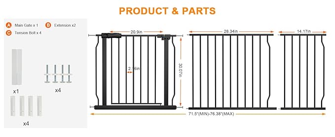 Extra Wide Baby Gate Extra Wide Pet Dog Gates for Stairs Doorways Black Metal Tension Indoor Safety Gates with Pressure Mount 71.5-76.38 Inch